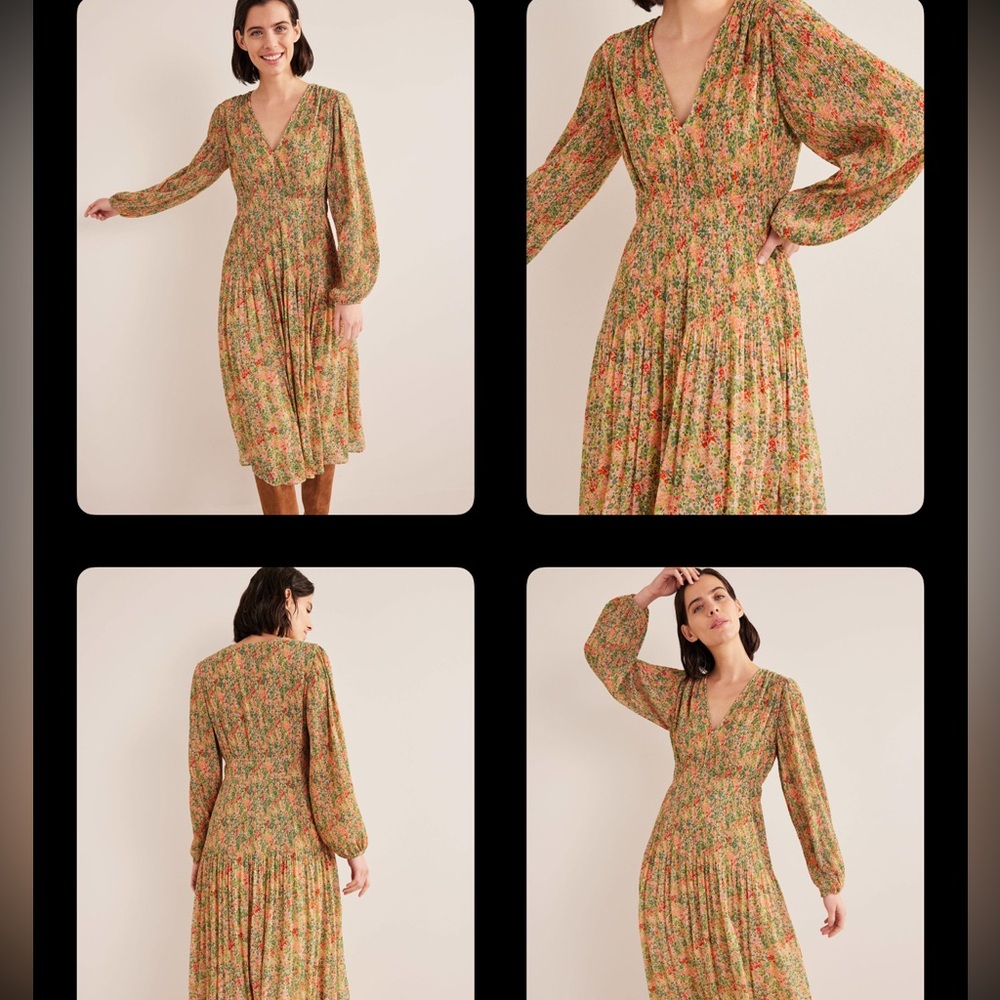 Boden Green and Red Floral Long Sleeve Dress